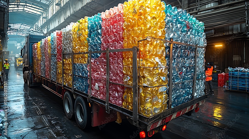 Fototapeta premium Transporting colorful plastic bottles recycling center sustainability initiative urban environment industrial viewpoint