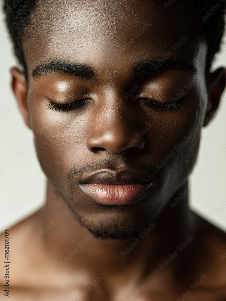 Fototapeta premium Contemplative young African black man eyes closed in mindful meditation