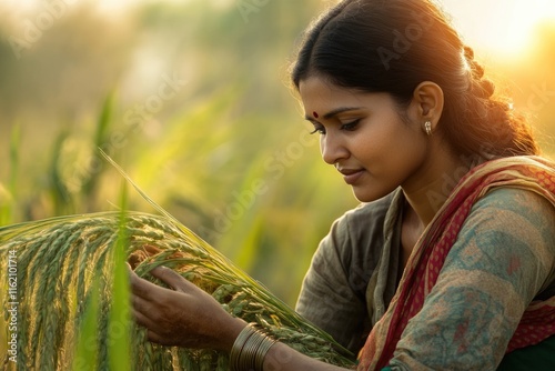 indian woman farmer working in agricultural field photo