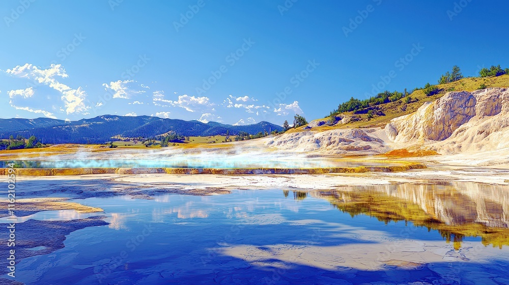Vibrant Hot Spring in a Scenic National Park Surrounded by Lush Mountains and Clear Sky Captured During the Daytime in Yellowstone Vibrant Hot Spring in a Scenic National Park Surrounded by Lush Mountains and Clear Sky Captured During the Daytime in Yellowstone