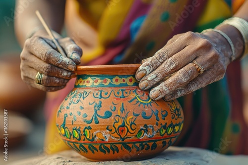 Indian woman potter creates decorated clay pots for sale. photo