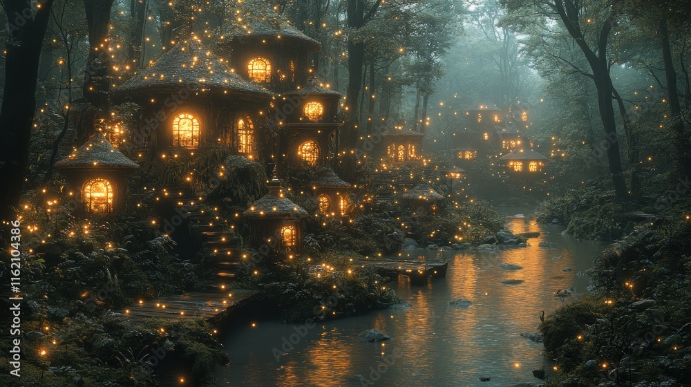 Naklejka premium Enchanted forest scene with glowing houses and a serene stream.