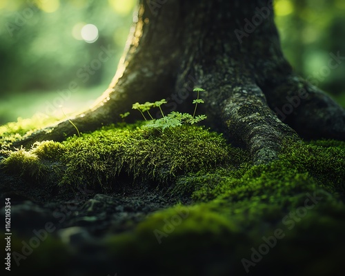 Tree roots blanketed in moss and tiny ferns, bathed in soft sunlight, symbolizing the delicate and serene beauty of nature s designs photo