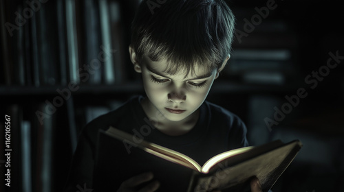 Curious boy reading illuminated book in dark room, exploration of knowledge