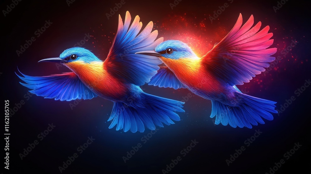 Naklejka premium Two vibrant, colorful birds in flight against a dark background.