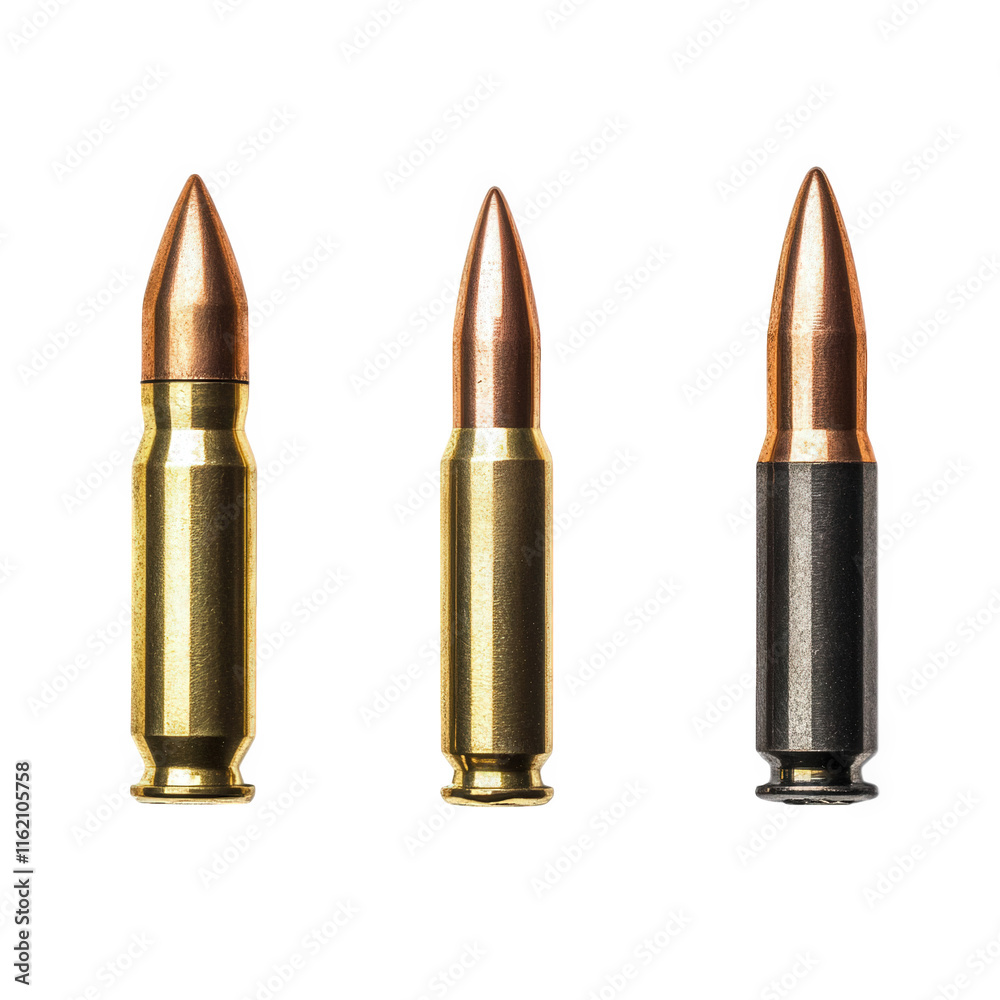 three bullets. two with copper tips and one with a black tip. are arranged in a row on a transparent background the bullets are a symbol of danger. violence. and power three bullets. two with copper tips and one with a black tip. are arranged in a row on a transparent background the bullets are a symbol of danger. violence. and power