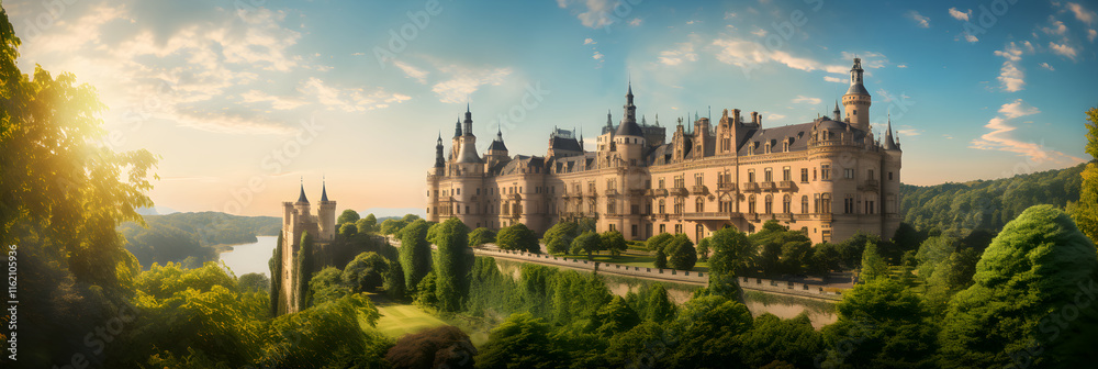 Naklejka premium Iconic Display of Majestic Medieval European Castle Surrounded by Nature's Beauty