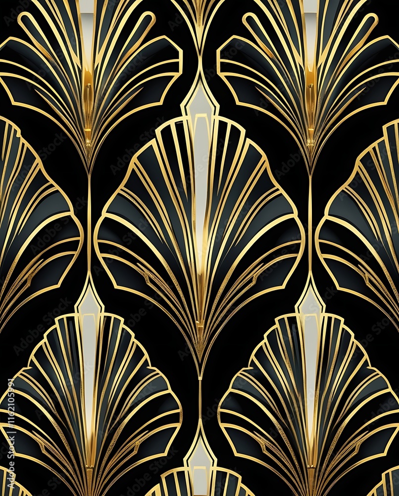 Luxurious Art Deco Gold Pattern on a Black Background: Glamorous Vintage Design with Intricate Geometric Shapes, Perfect for Elegant Wallpapers, Sophisticated Invitations, and Timeless Decorative Them Luxurious Art Deco Gold Pattern on a Black Background: Glamorous Vintage Design with Intricate Geometric Shapes, Perfect for Elegant Wallpapers, Sophisticated Invitations, and Timeless Decorative Them