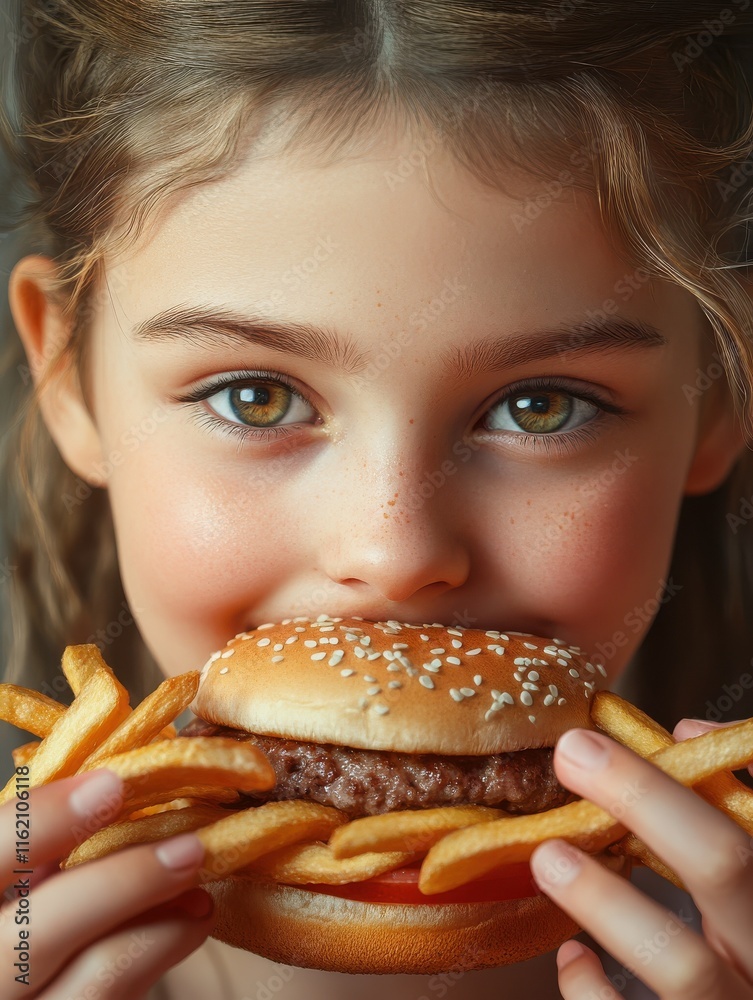 Portrait of a girl eating salty French fries and a hamburger sandwich consisting of cooked patty of ground meat placed inside a sliced bun Portrait of a girl eating salty French fries and a hamburger sandwich consisting of cooked patty of ground meat placed inside a sliced bun