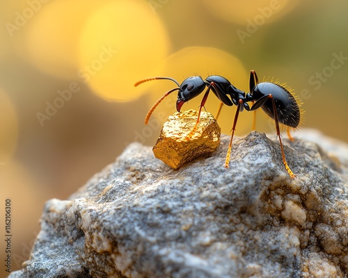 A detailed closeup of a black ant transporting a golden nugget on a textured rock, with a warm, blurred golden background, symbolizing strength and perseverance photo