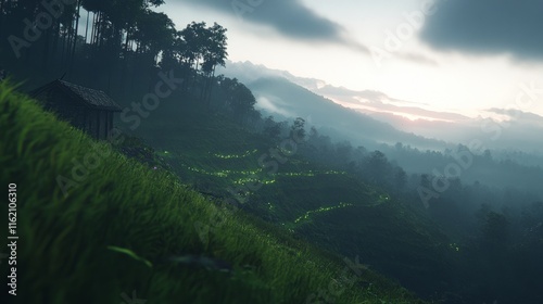 Firefly Lit Rice Terraces at Dawn, Misty Mountain Hut