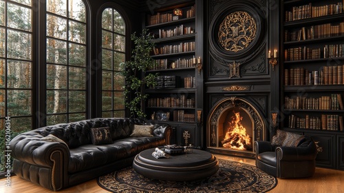 Modern gothic living room design featuring sleek black leather furniture and ornate details in a dimly lit setting with grand architectural elements