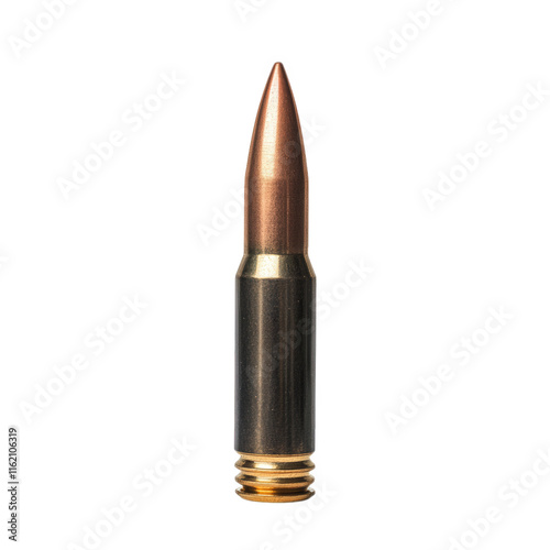 a single bullet isolated on a transparent background the bullet is made of metal and has a copper tip photo