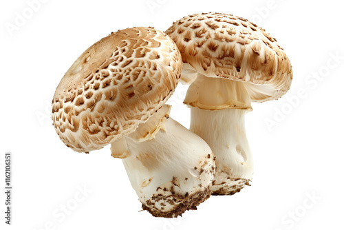 Closeup of White Button mushroom showing its textured cap and stem isolated on a white background. Concept of fungi and nature