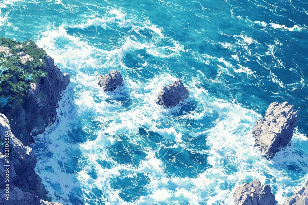 Fototapeta premium The bright blue ocean churns energetically against jagged rocks under a clear sky, evoking the beauty of nature and the power of the sea along the coastline.