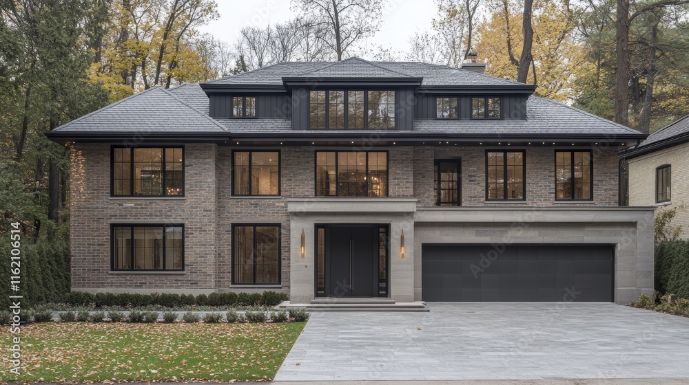 This stunning, elegant modern house features expansive windows and a sleek, contemporary design, all beautifully surrounded by tranquil nature in the early days of autumn This stunning, elegant modern house features expansive windows and a sleek, contemporary design, all beautifully surrounded by tranquil nature in the early days of autumn