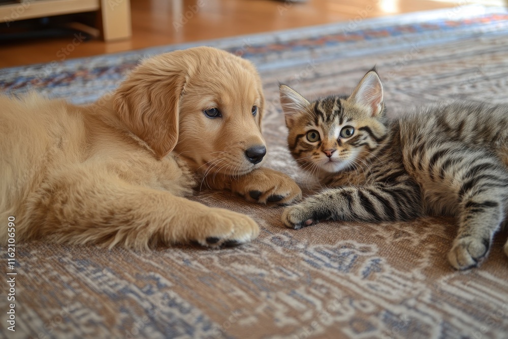 A golden retriever puppy and a striped kitten relax on a colorful rug in a welcoming living room, enjoying each other's company in the warm afternoon light. A golden retriever puppy and a striped kitten relax on a colorful rug in a welcoming living room, enjoying each other's company in the warm afternoon light.
