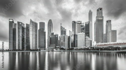 Monochrome cityscape skyline reflected in calm water.