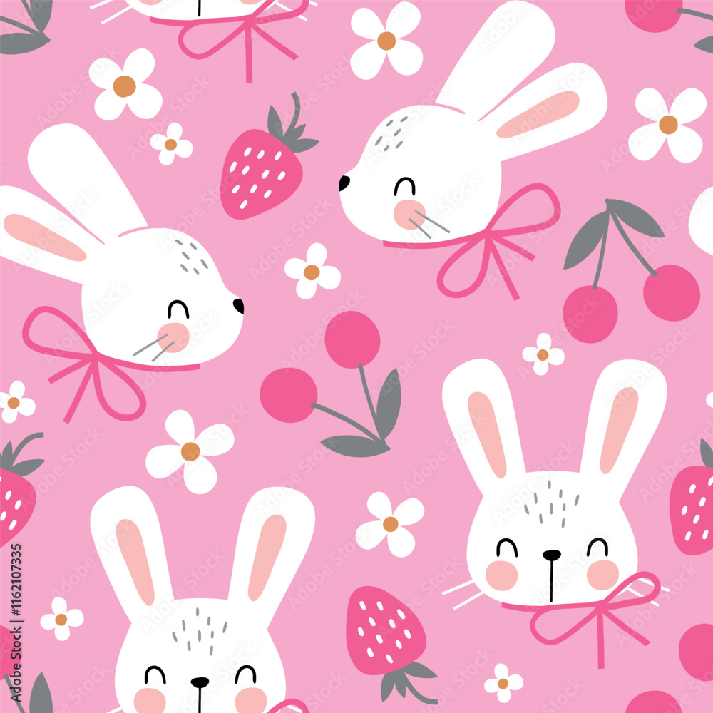 Seamless vector pattern with white rabbit, cherry, strawberry and flowers. Hand drawn cute Easter bunny pattern. Perfect for textile, wallpaper or nursery print design.
