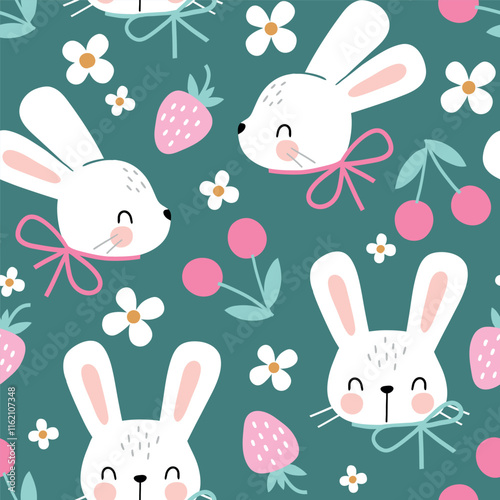 Seamless vector pattern with white rabbit, cherry, strawberry and flowers. Hand drawn cute Easter bunny pattern. Perfect for textile, wallpaper or nursery print design.