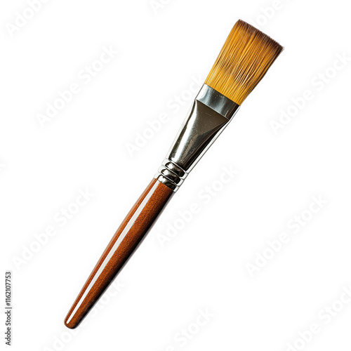 a flat paint brush with brown wooden handle and silver ferrule isolated on transparent background photo