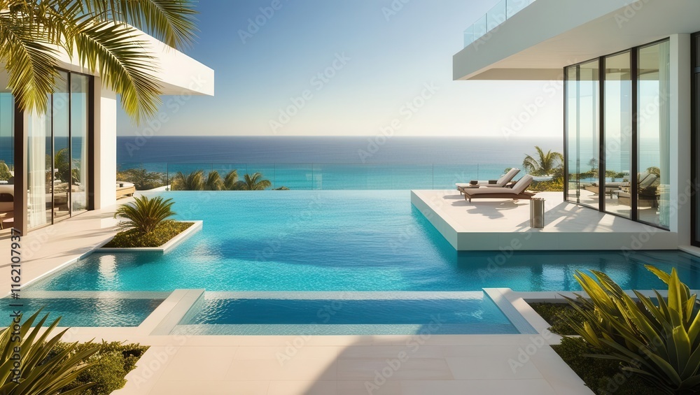 Fototapeta premium Luxury poolside retreat with ocean view at modern villa coastal paradise high angle relaxation