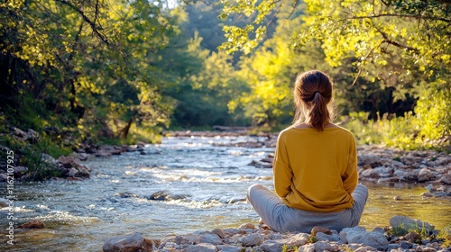 Serene Woman Meditating by a Peaceful River Surrounded by Lush Greenery and Sunlight in Tranquil Natural Environment