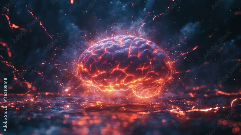 Fiery brain emitting sparks, concept of intense mental activity. Fiery brain emitting sparks, concept of intense mental activity.