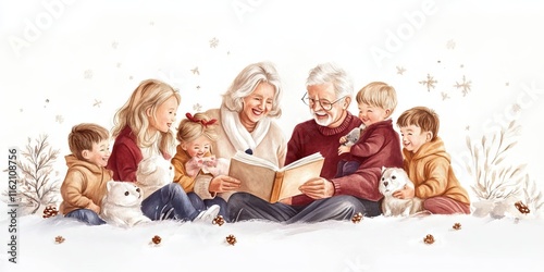 party long holiday family concept. A family reading together in a snowy setting, surrounded by children and pets.