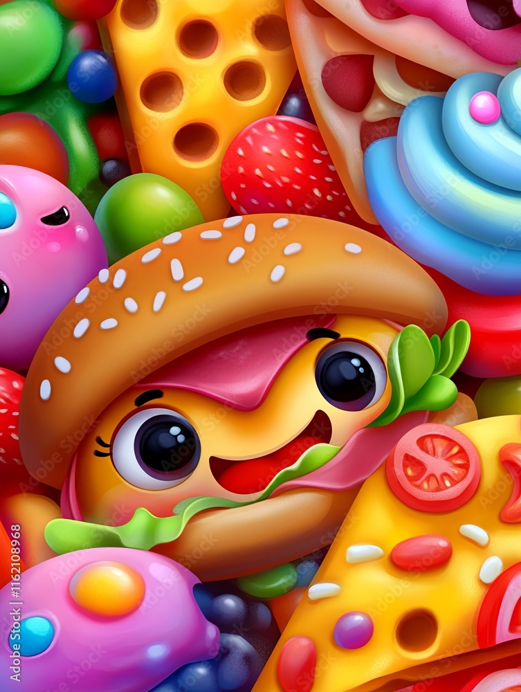 Cute Cartoon Food Characters in Colorful Background Cute Cartoon Food Characters in Colorful Background