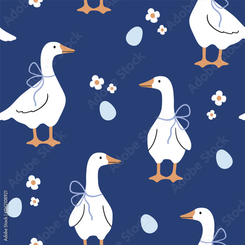 Seamless vector pattern with white goose, flower and egg. Hand drawn cute Easter goose pattern. Perfect for textile, wallpaper or nursery print design.