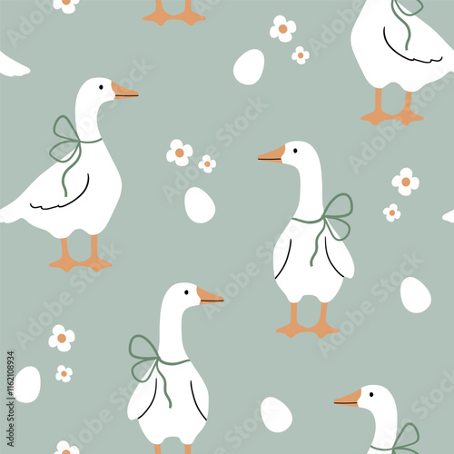 Seamless vector pattern with white goose, flower and egg. Hand drawn cute Easter goose pattern. Perfect for textile, wallpaper or nursery print design.