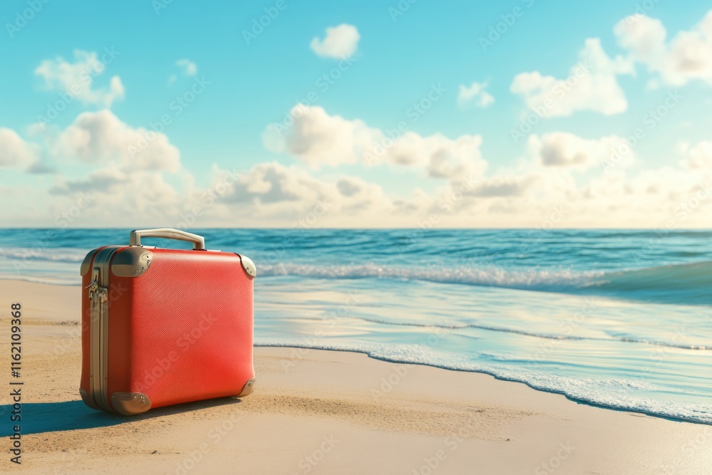 Summer beach scene with red suitcase and sunny sky. Summer beach scene with red suitcase and sunny sky.