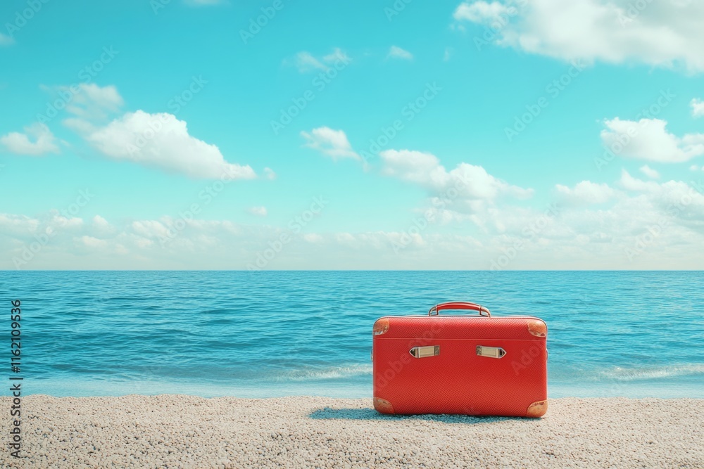 Summer beach scene with red suitcase and sunny sky. Summer beach scene with red suitcase and sunny sky.