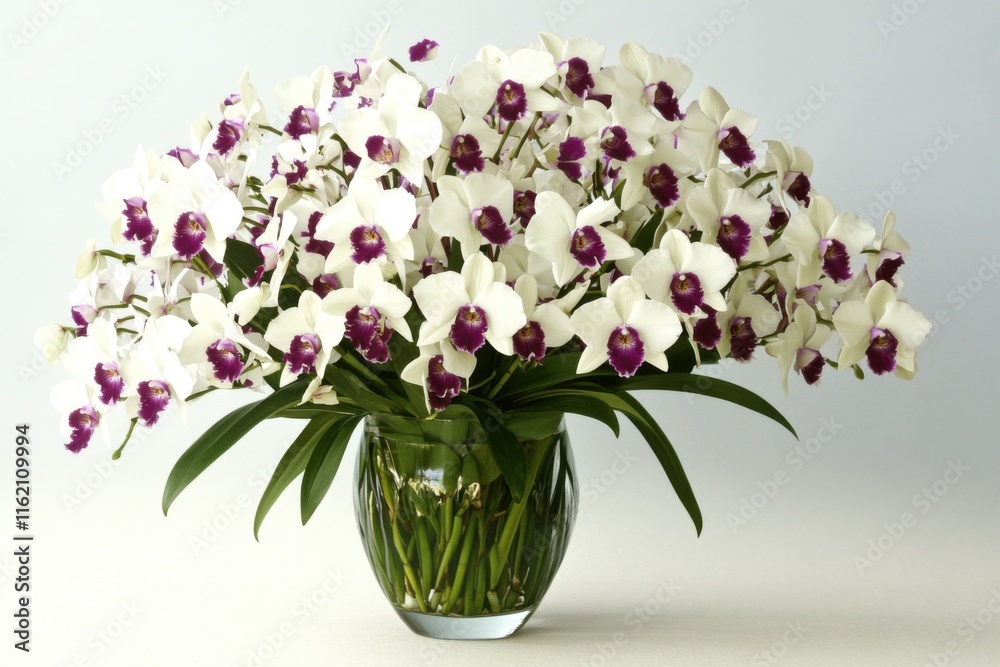 Obraz premium A vibrant bouquet of white and purple orchids in a clear glass vase, adding elegance to any setting.