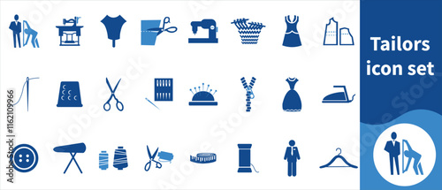 Tailors icon set, wool, dressmaking, thimble, craft, sign, tailoring, pin, white, hanger, leather, silhouette, style, circle, colorful, color, needlework, icon, button, web, fashion and more.