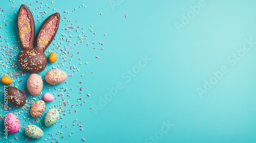 Top view of easter sweets featuring bunny ear chocolate eggs, colorful dragees, and festive sprinkles arranged on a vibrant turquoise background with ample copy space for holiday themes and creative d photo