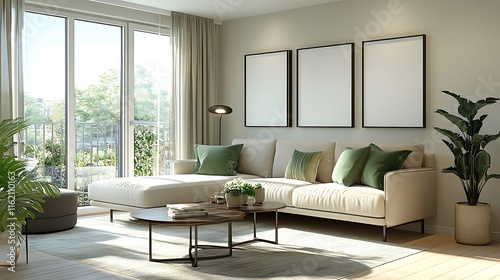 Modern living room interior with beige sofa  green cushions  large window  and three blank frames on the wall.