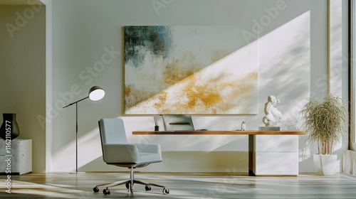 A modern home office space designed as a mini art gallery, with a large abstract painting, minimalist white furniture, and a spotlight highlighting a sculpture on a side table photo