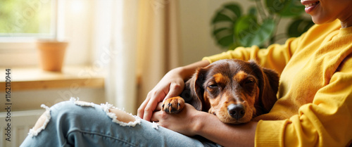 Young woman gently stroking sleeping dachshund in sunlit apartment, comfort