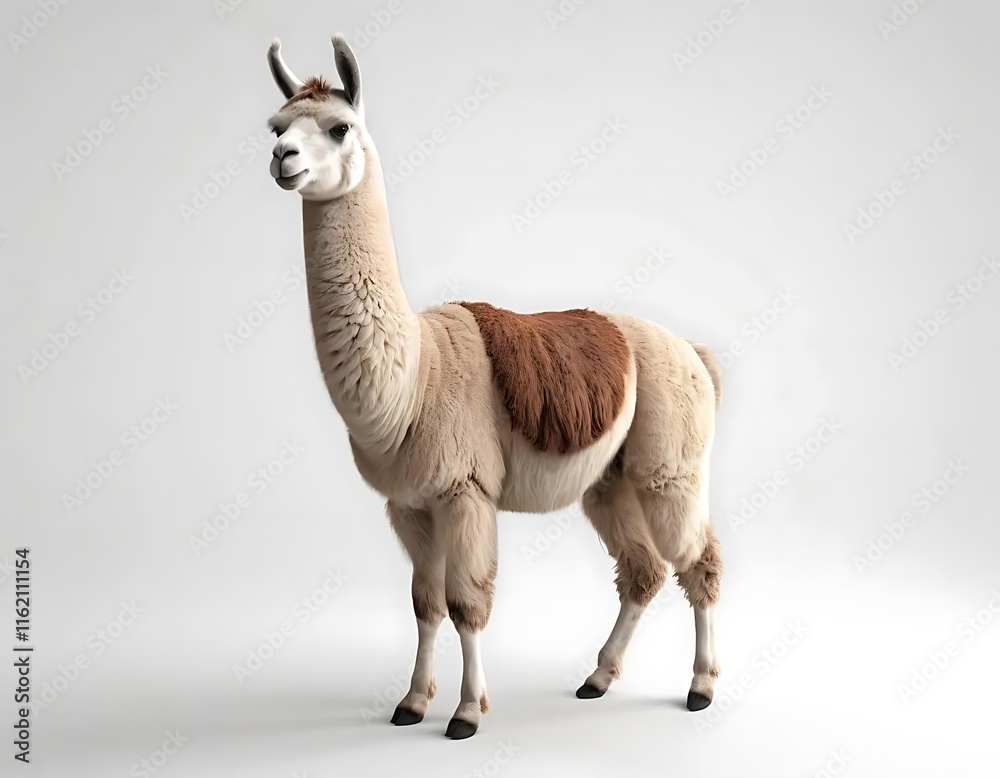 A Light Beige Llama Stands Against A White Background A Light Beige Llama Stands Against A White Background