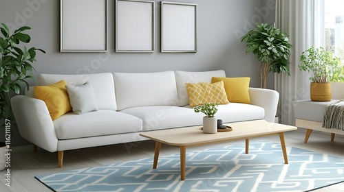 Modern living room interior with white sofa  light wood coffee table  blue rug  and yellow pillows.