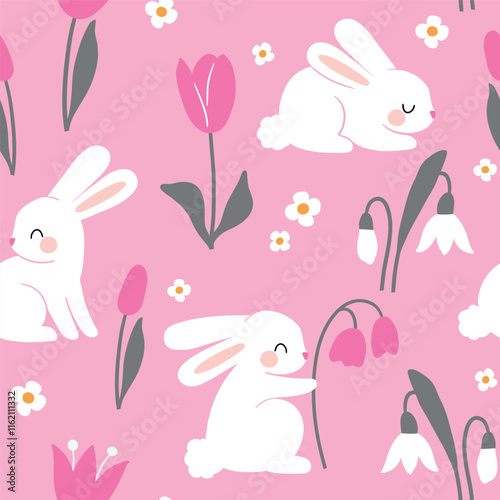 Seamless vector pattern with white rabbits on floral background. Hand drawn cute Easter bunny pattern. Perfect for textile, wallpaper or nursery print design.