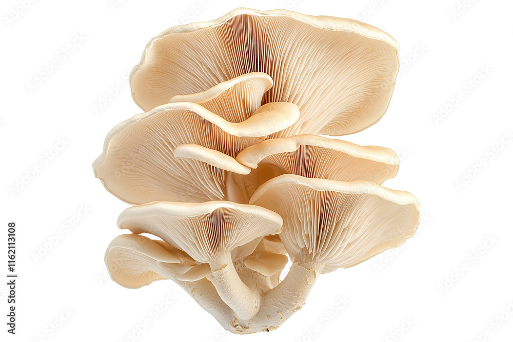 Closeup of Oyster mushroom showing its textured cap and stem isolated on a white background. Concept of fungi and nature Closeup of Oyster mushroom showing its textured cap and stem isolated on a white background. Concept of fungi and nature