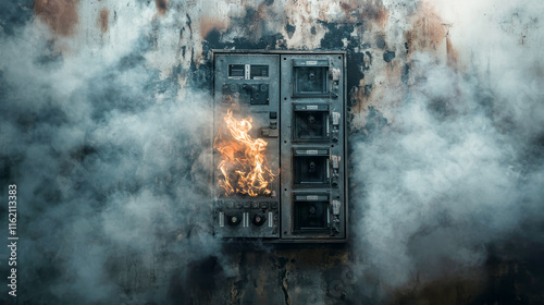 Open electrical panel ignites a dramatic fire, swirling smoke fills the air with dark clouds in a rustic setting photo