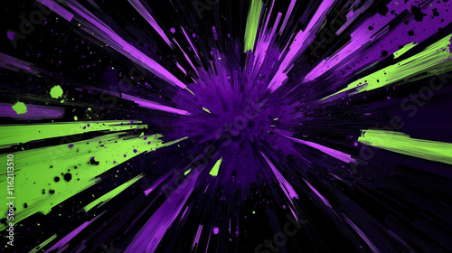 A bold burst of electric purple and neon green particles exploding on a black background. The high contrast and vibrant colors make the design energetic and futuristic. photo