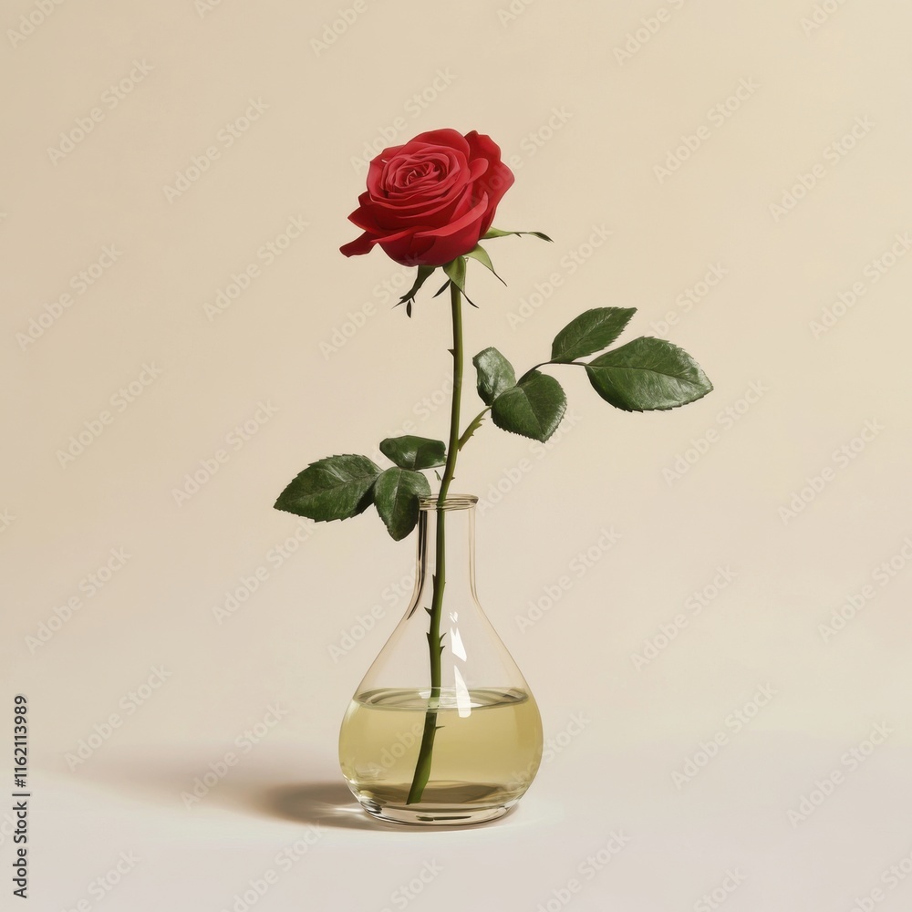 Fototapeta premium A single red rose in a clear glass vase, symbolizing love and beauty against a soft beige background.