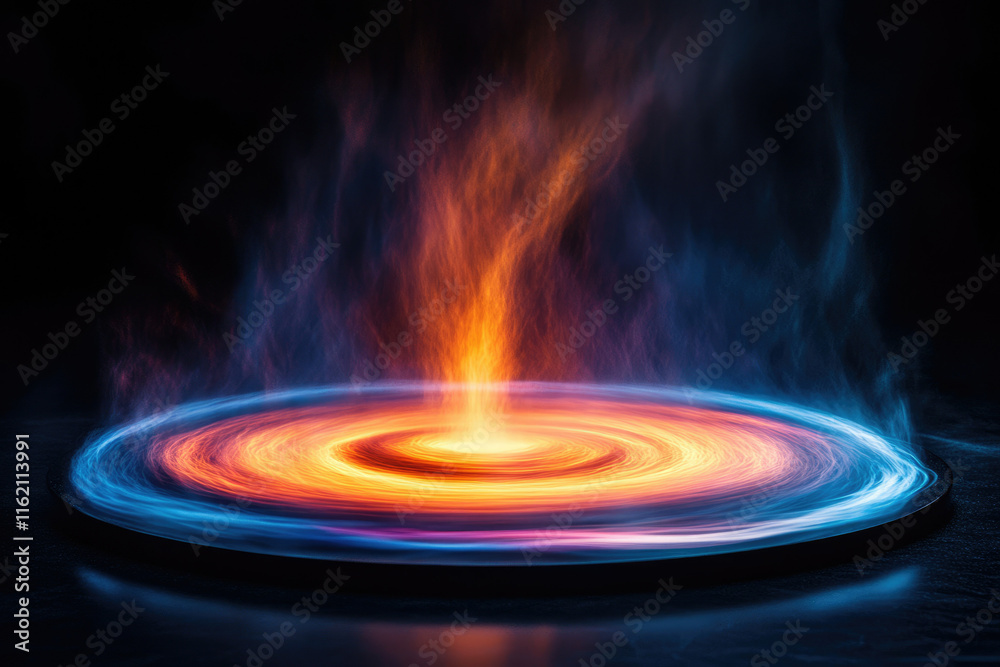 A swirling vortex of vibrant orange and blue flames, ethereal and otherworldly. A swirling vortex of vibrant orange and blue flames, ethereal and otherworldly.