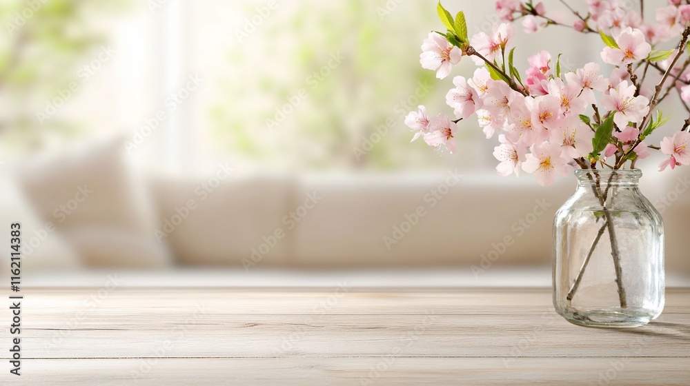A serene indoor scene featuring a vase of pink blossoms on a wooden table. A serene indoor scene featuring a vase of pink blossoms on a wooden table.