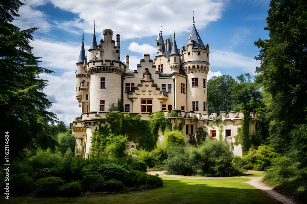 Iconic Display of Majestic Medieval European Castle Surrounded by Nature's Beauty Iconic Display of Majestic Medieval European Castle Surrounded by Nature's Beauty